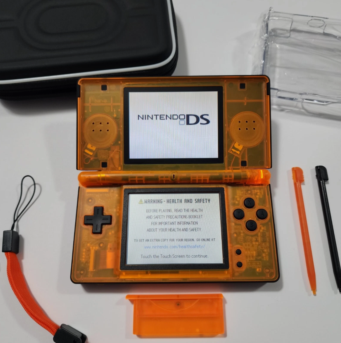 Nintendo DS Lite CUSTOM - Black/Transparent Orange w/ Modded LED, Bundle