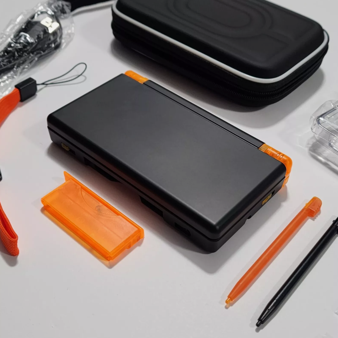 Nintendo DS Lite CUSTOM - Black/Transparent Orange w/ Modded LED, Bundle