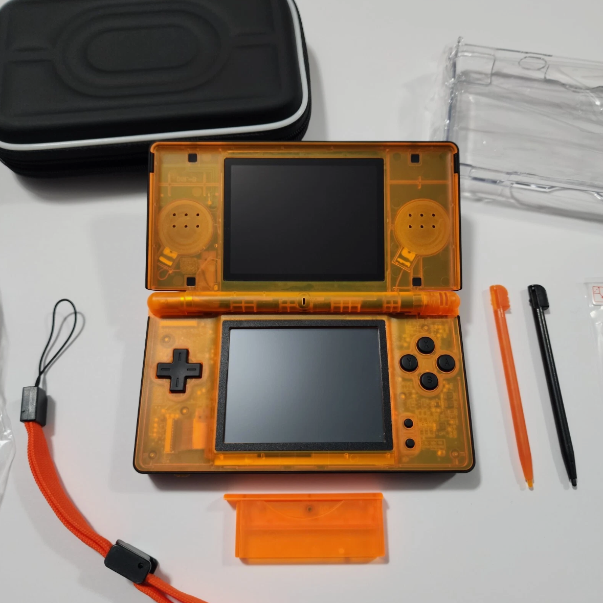 Nintendo DS Lite CUSTOM - Black/Transparent Orange w/ Modded LED, Bundle