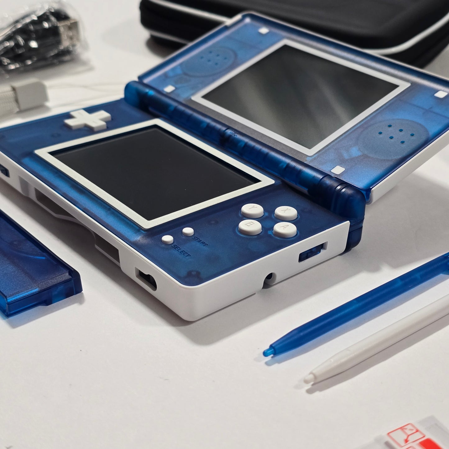 Nintendo DS Lite CUSTOM - White/Transparent Blue w/ Modded LED, Bundle
