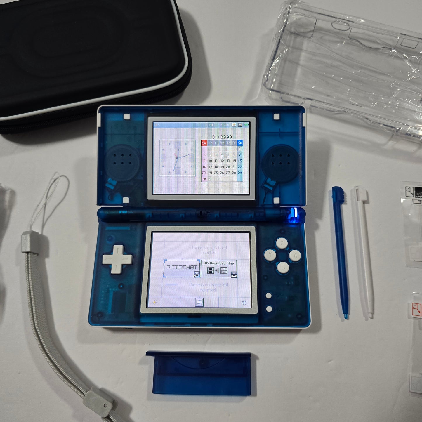 Nintendo DS Lite CUSTOM - White/Transparent Blue w/ Modded LED, Bundle