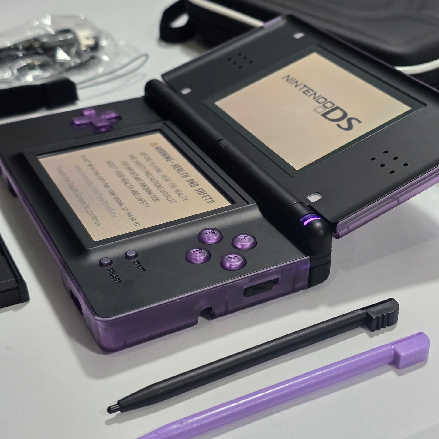 Nintendo DS Lite CUSTOM - Transparent Purple/Black w/ Modded LED, Bundle