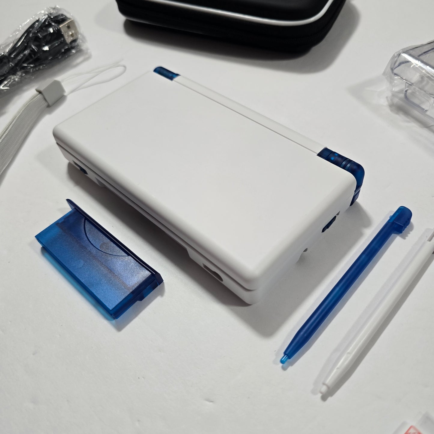 Nintendo DS Lite CUSTOM - White/Transparent Blue w/ Modded LED, Bundle