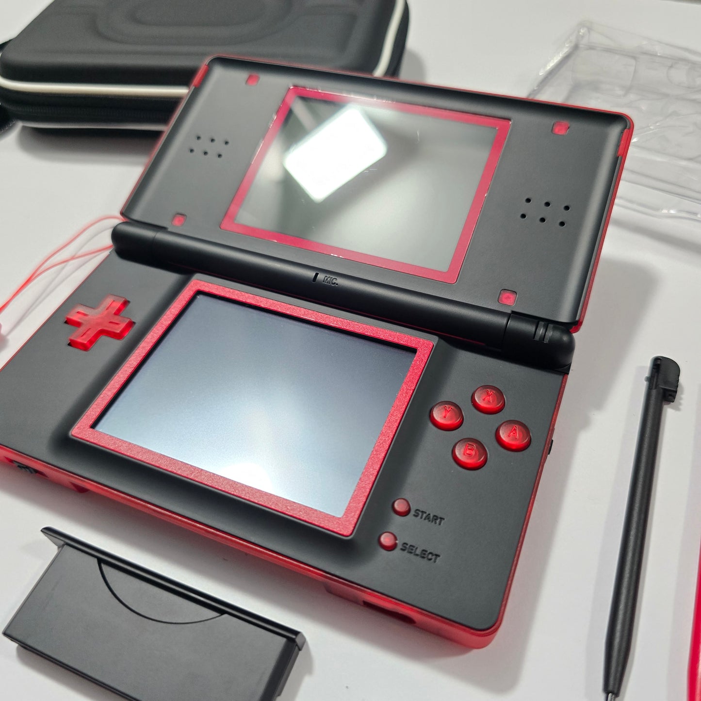 Nintendo DS Lite CUSTOM - Transparent Red/Black w/ Modded LED, Bundle