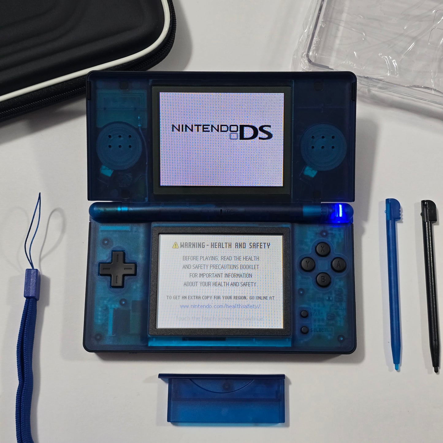 Nintendo DS Lite CUSTOM - Black/Transparent Blue w/ Modded LED, Bundle