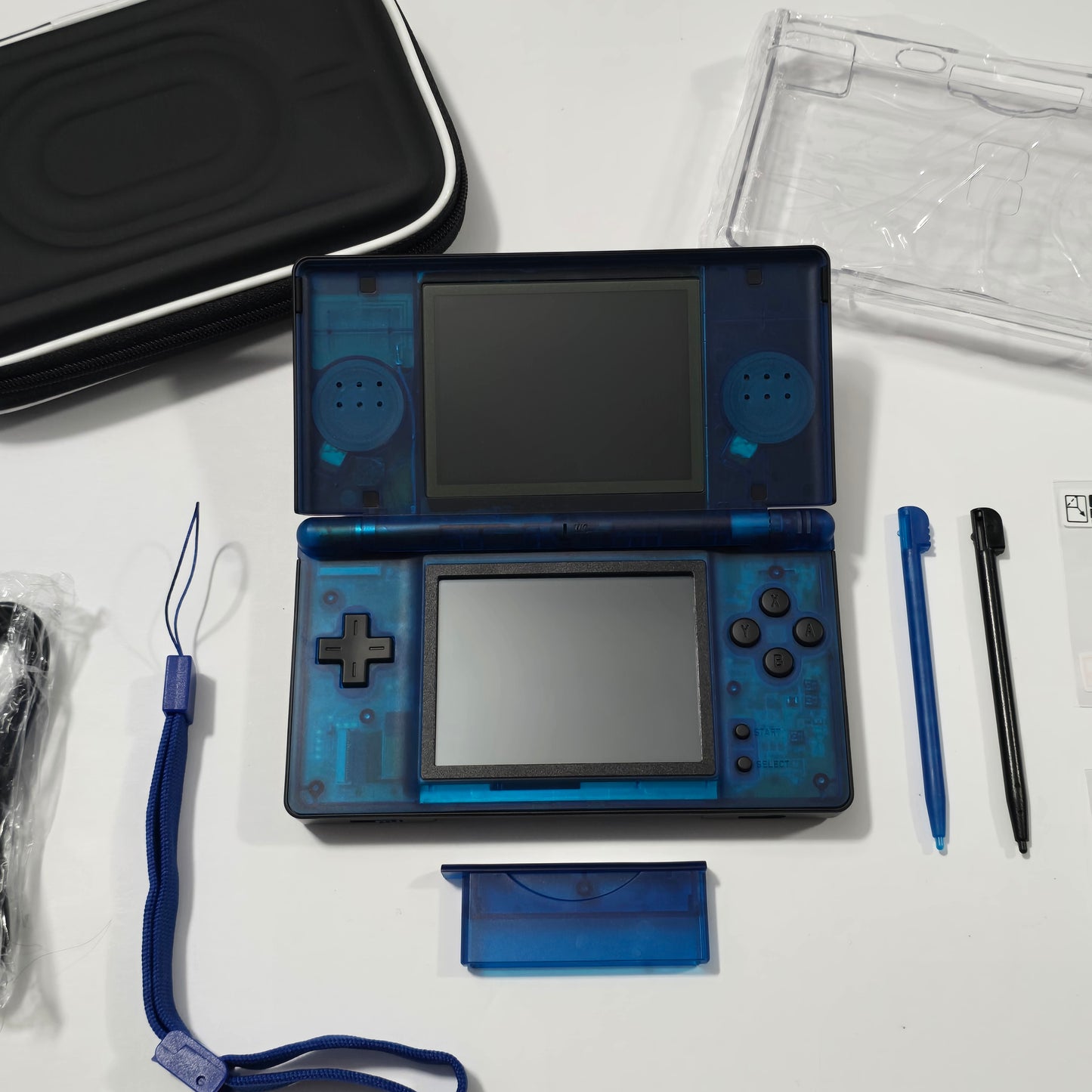 Nintendo DS Lite CUSTOM - Black/Transparent Blue w/ Modded LED, Bundle
