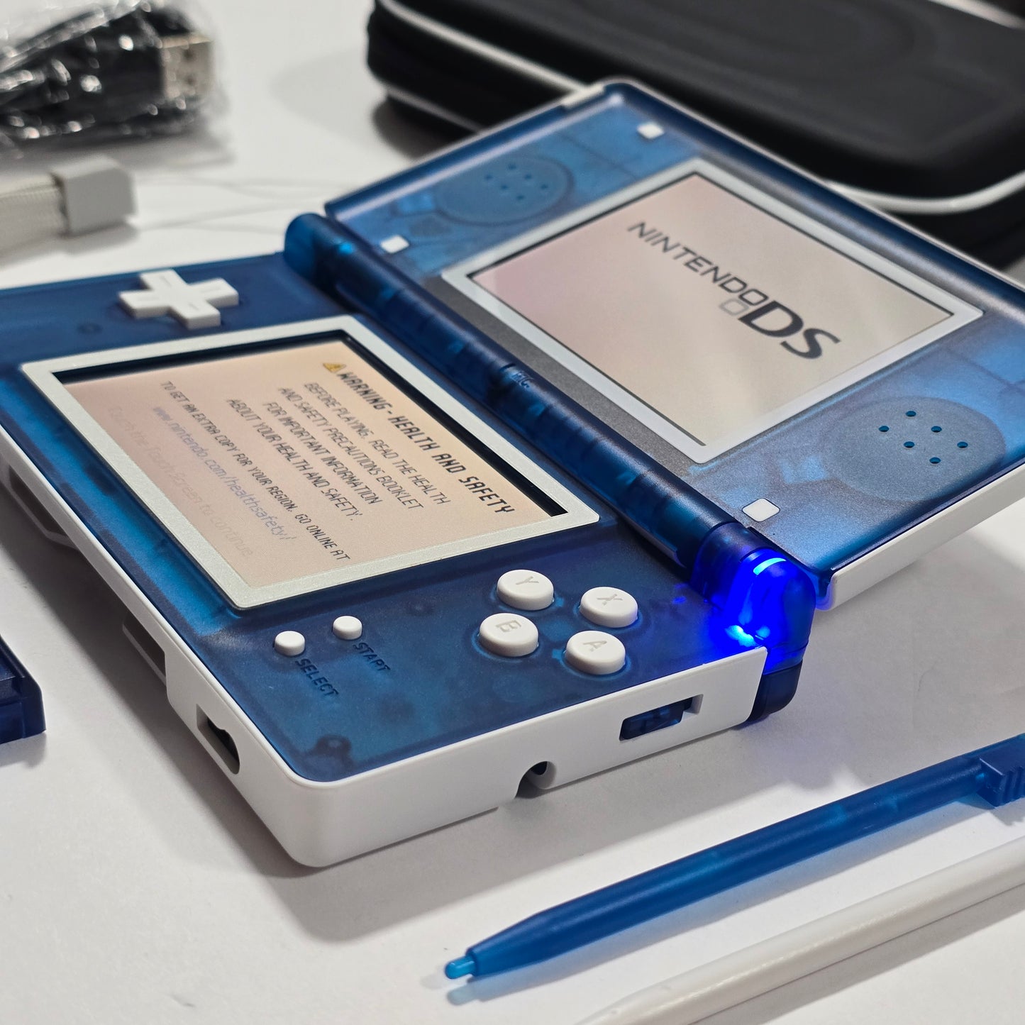 Nintendo DS Lite CUSTOM - White/Transparent Blue w/ Modded LED, Bundle