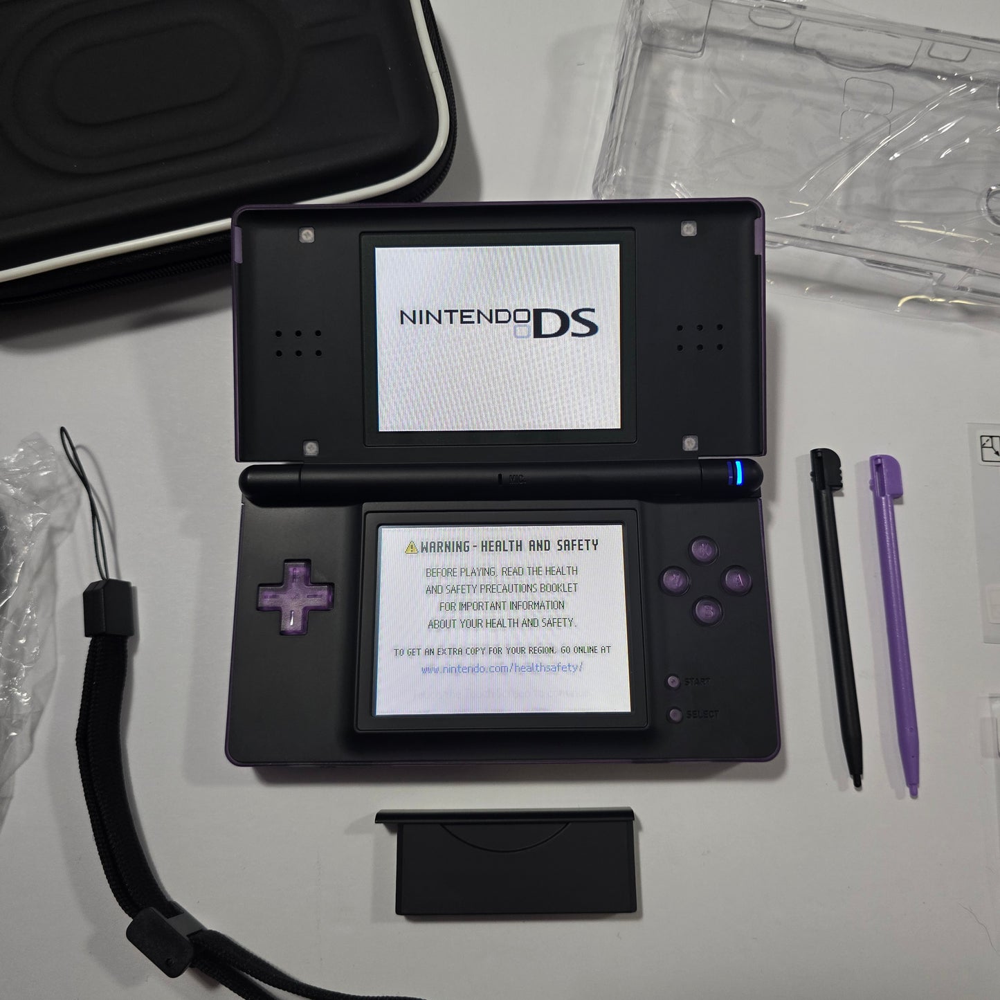 Nintendo DS Lite CUSTOM - Transparent Purple/Black w/ Modded LED, Bundle