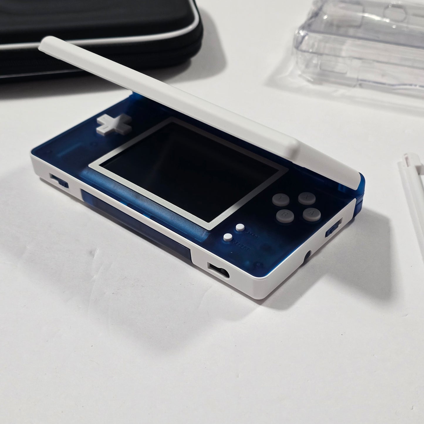 Nintendo DS Lite CUSTOM - White/Transparent Blue w/ Modded LED, Bundle