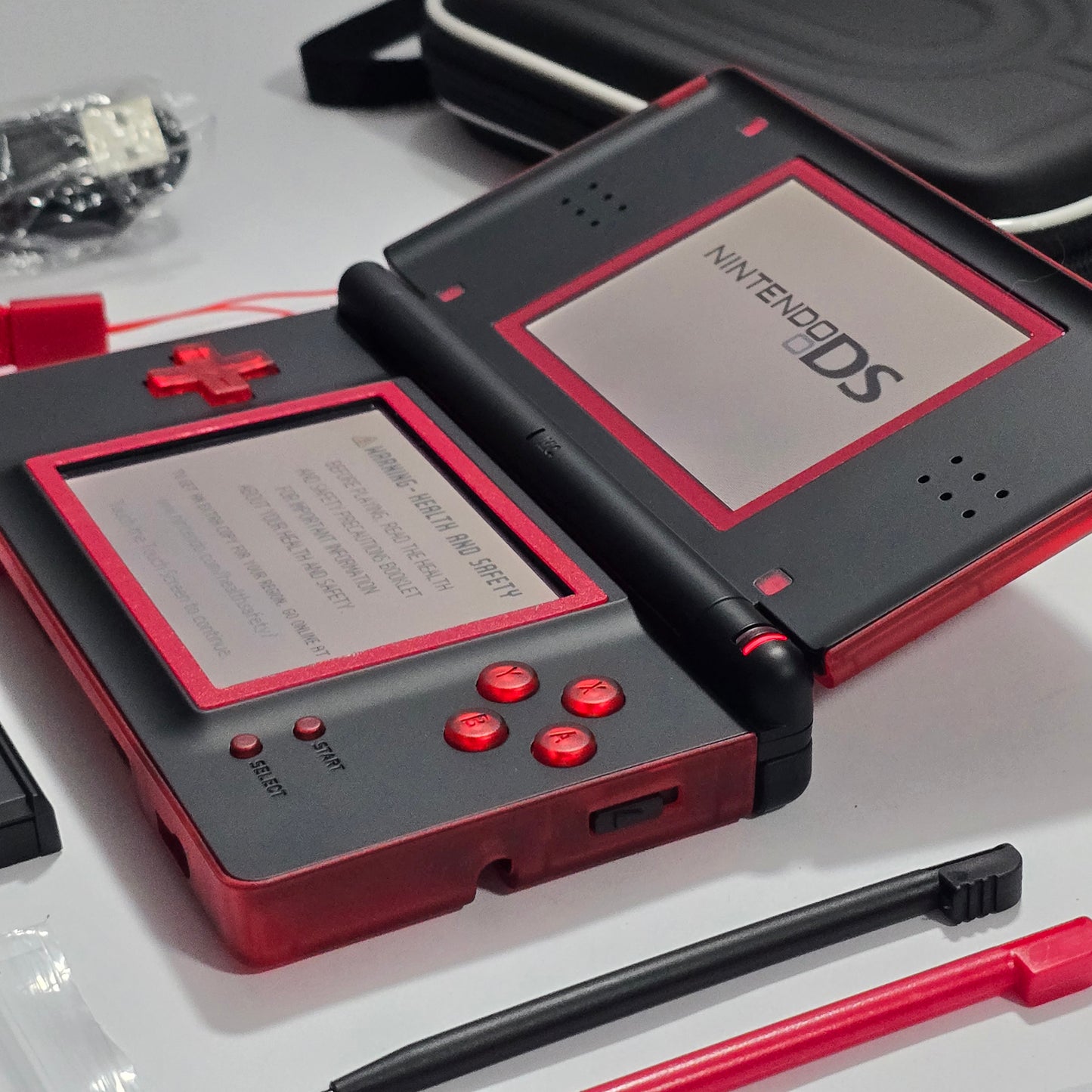 Nintendo DS Lite CUSTOM - Transparent Red/Black w/ Modded LED, Bundle