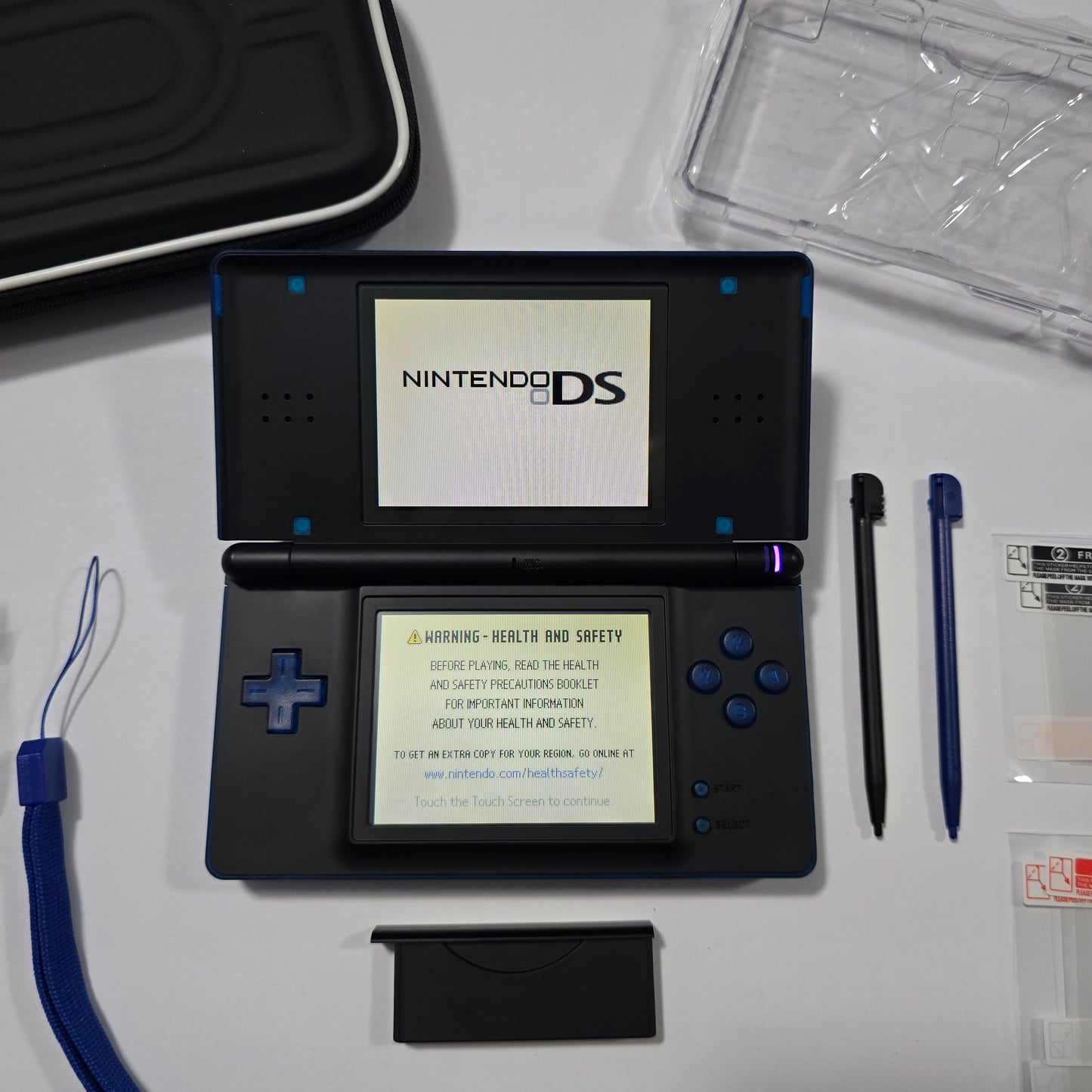 Nintendo DS Lite CUSTOM - Transparent Blue/Black w/ Modded LED, Bundle