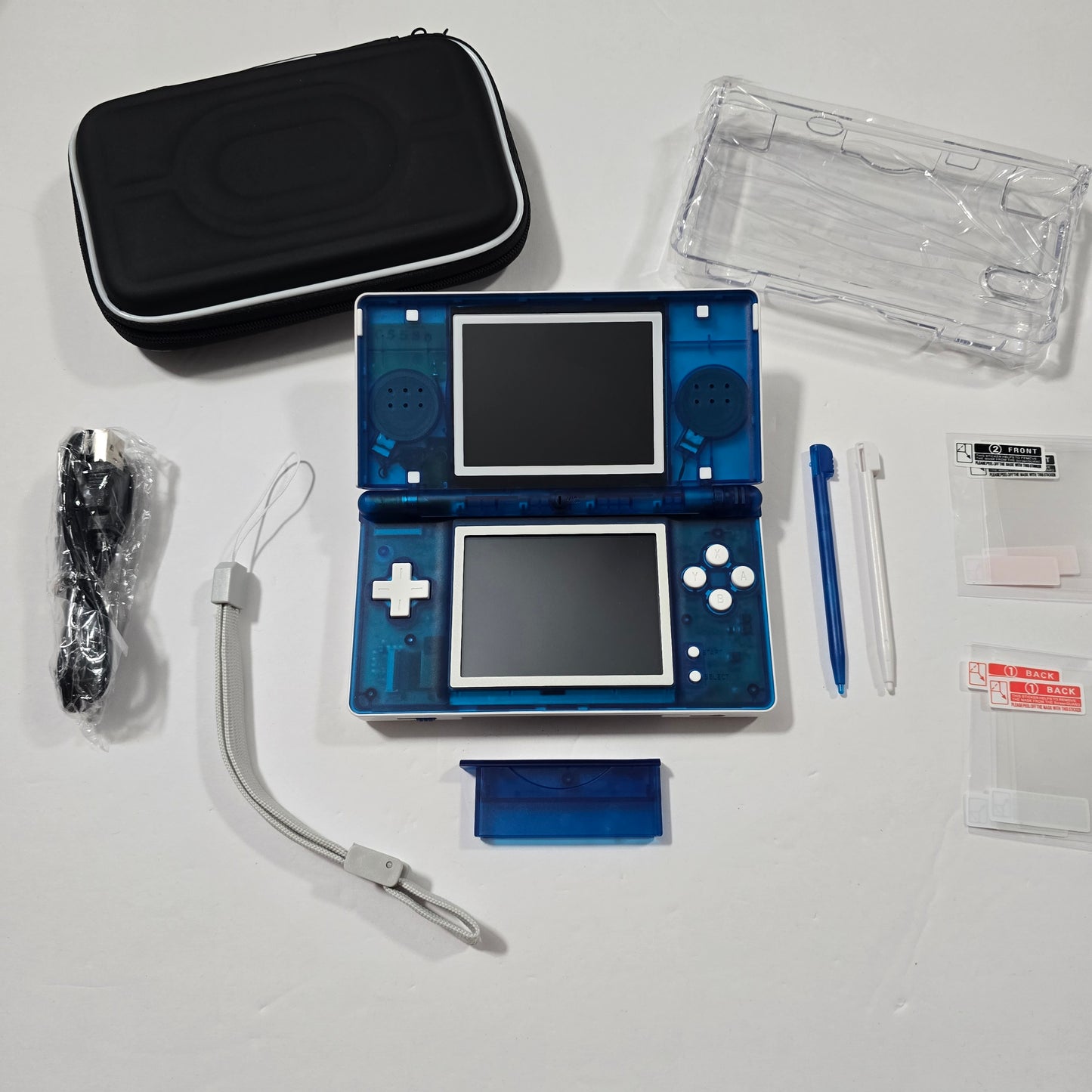 Nintendo DS Lite CUSTOM - White/Transparent Blue w/ Modded LED, Bundle