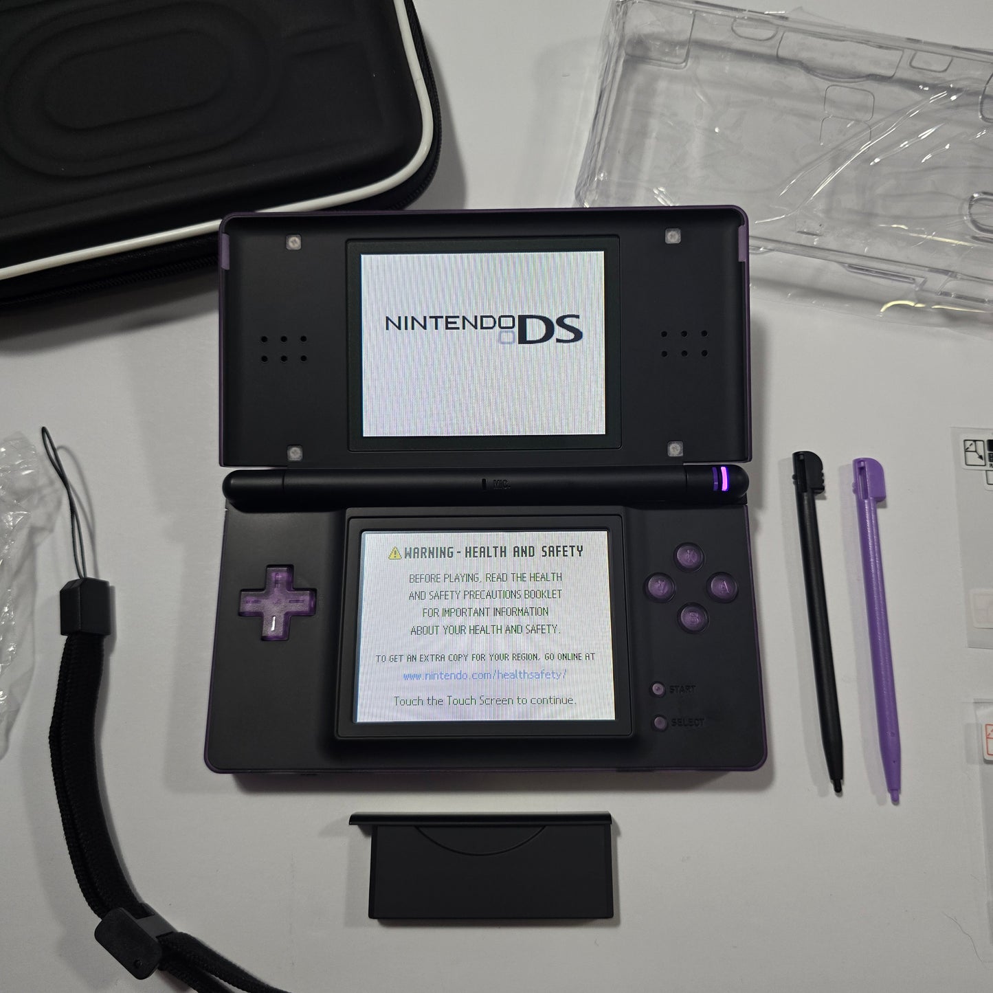 Nintendo DS Lite CUSTOM - Transparent Purple/Black w/ Modded LED, Bundle