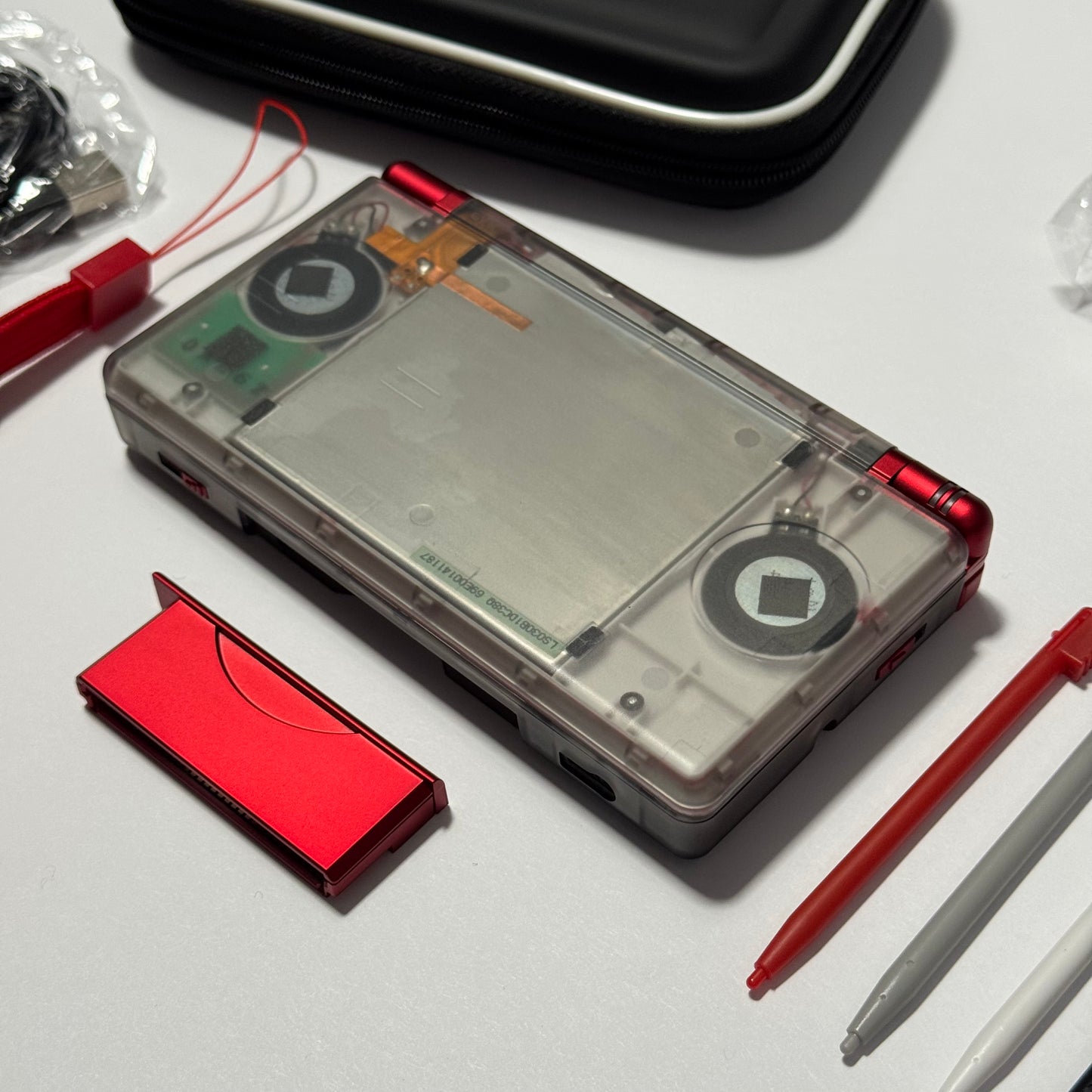 Nintendo DS Lite CUSTOM - Clear Black/Shiny Red w/ Modded LED, Bundle