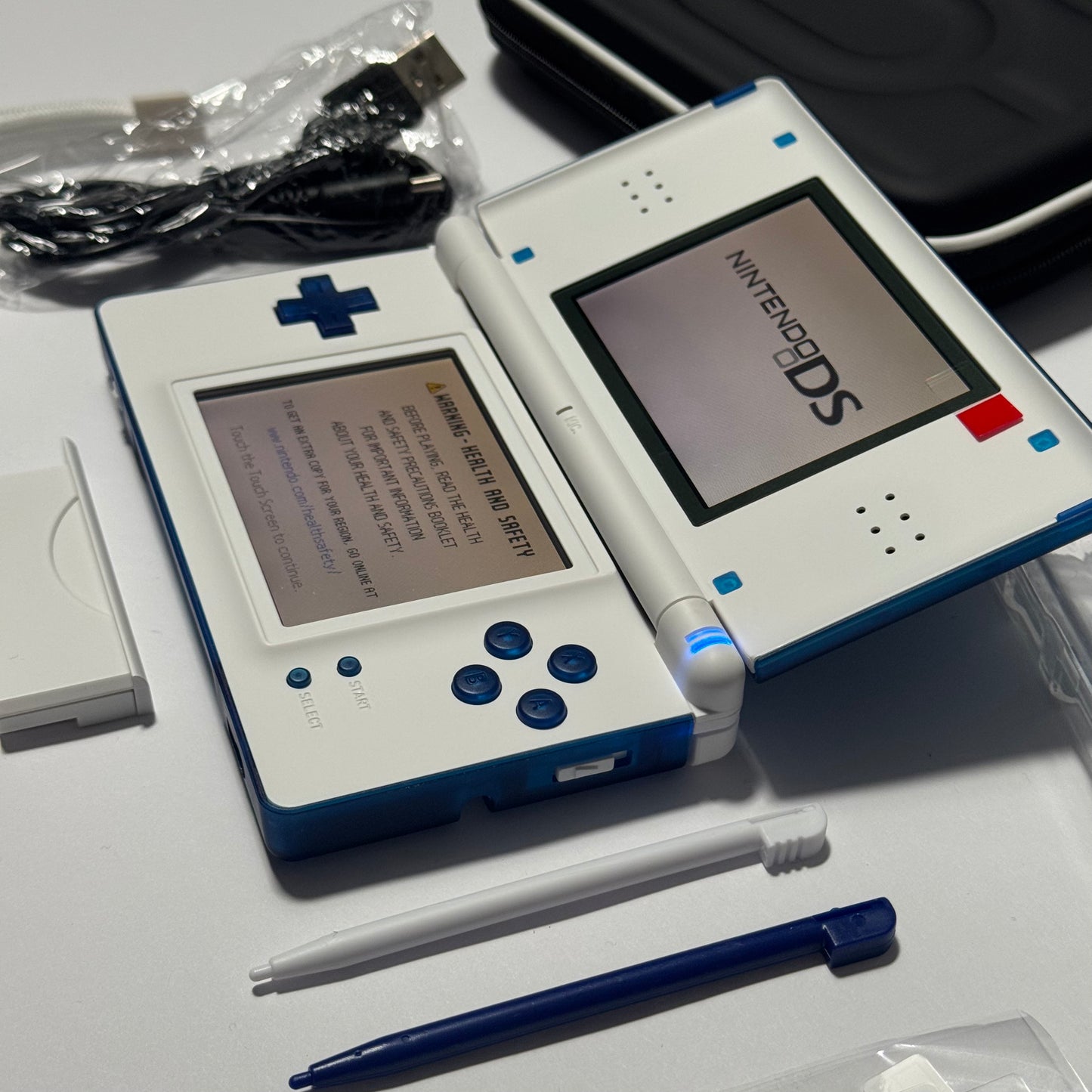 Nintendo DS Lite CUSTOM - Transparent Blue/White w/ Modded LED, Bundle!