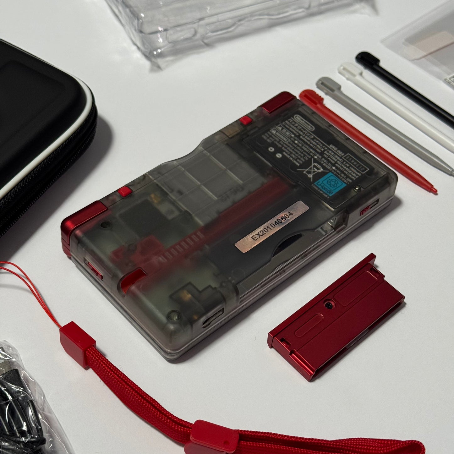 Nintendo DS Lite CUSTOM - Clear Black/Shiny Red w/ Modded LED, Bundle