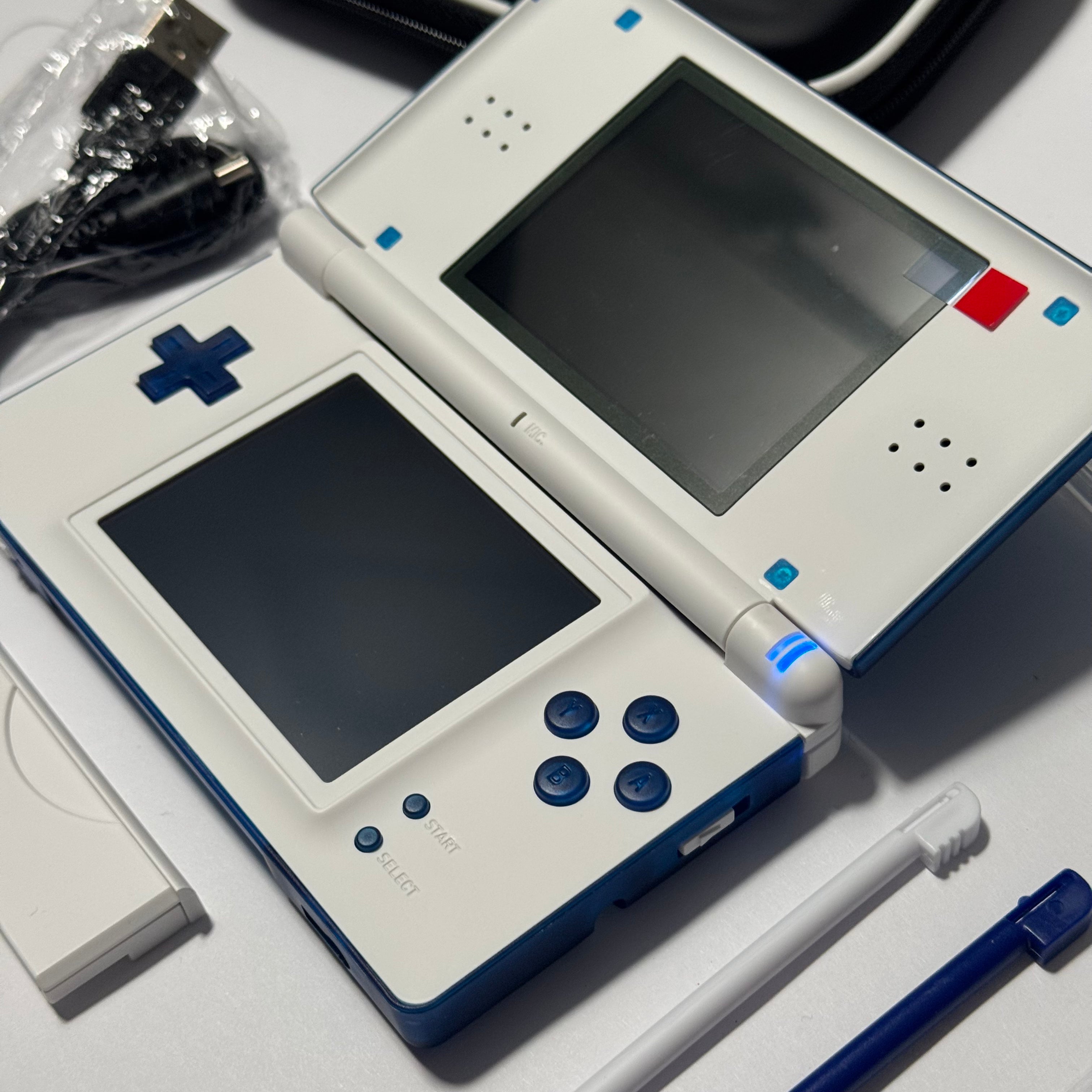 Nintendo DS Lite CUSTOM - Transparent Blue/White w/ Modded LED, Bundle ...