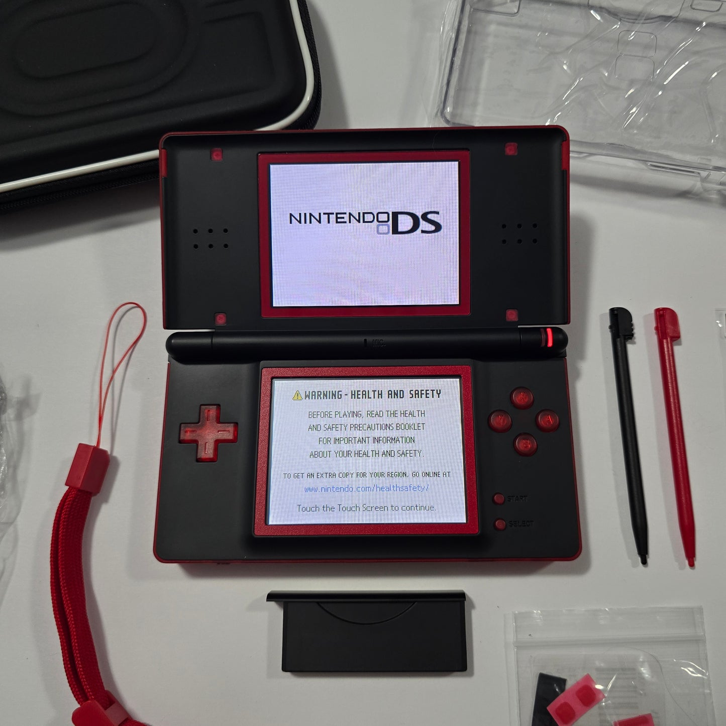 Nintendo DS Lite CUSTOM - Transparent Red/Black w/ Modded LED, Bundle