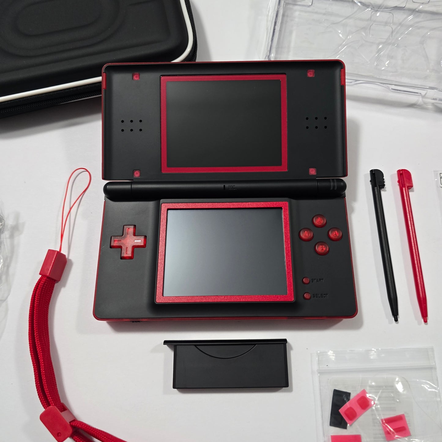 Nintendo DS Lite CUSTOM - Transparent Red/Black w/ Modded LED, Bundle