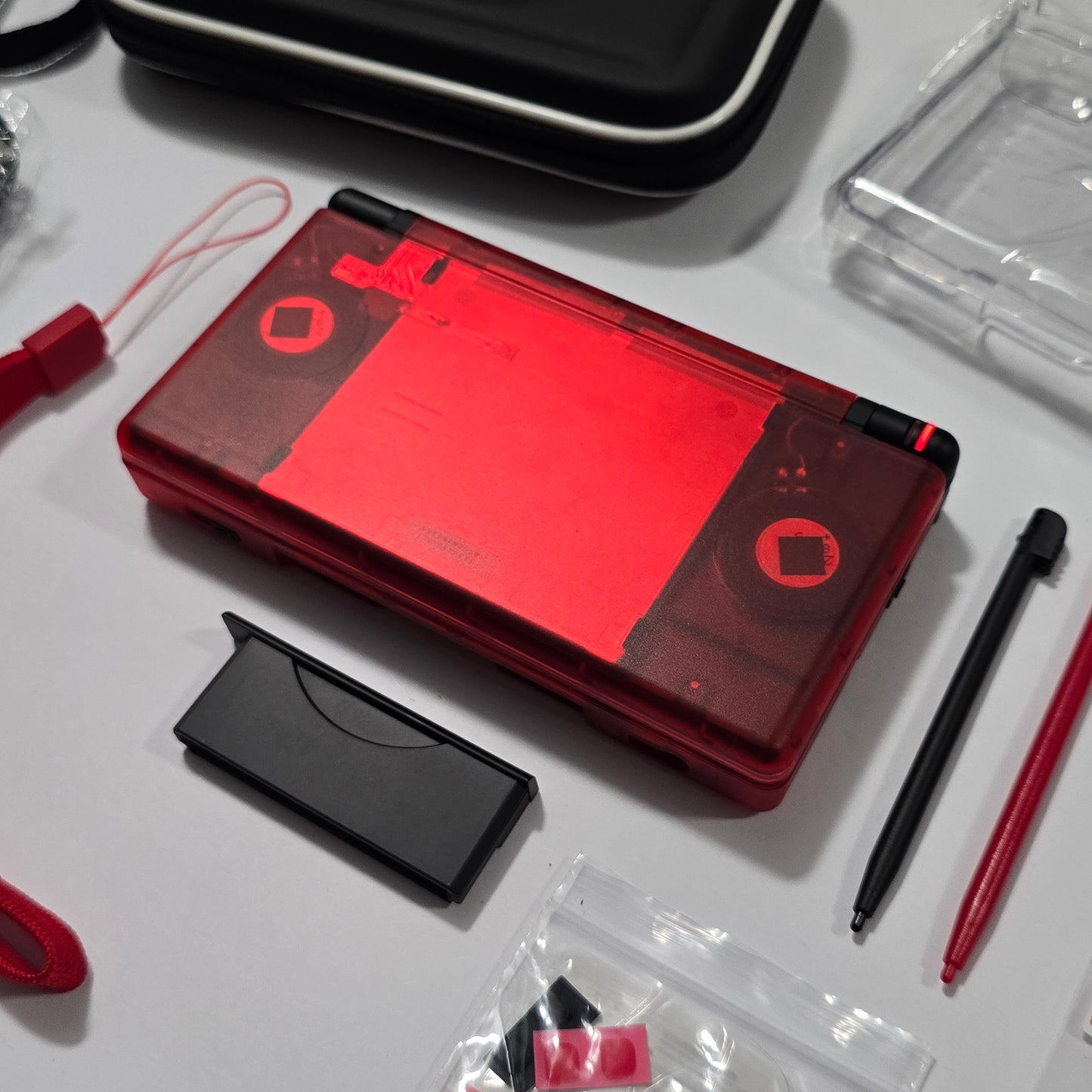 Nintendo DS Lite CUSTOM - Transparent Red/Black w/ Modded LED, Bundle