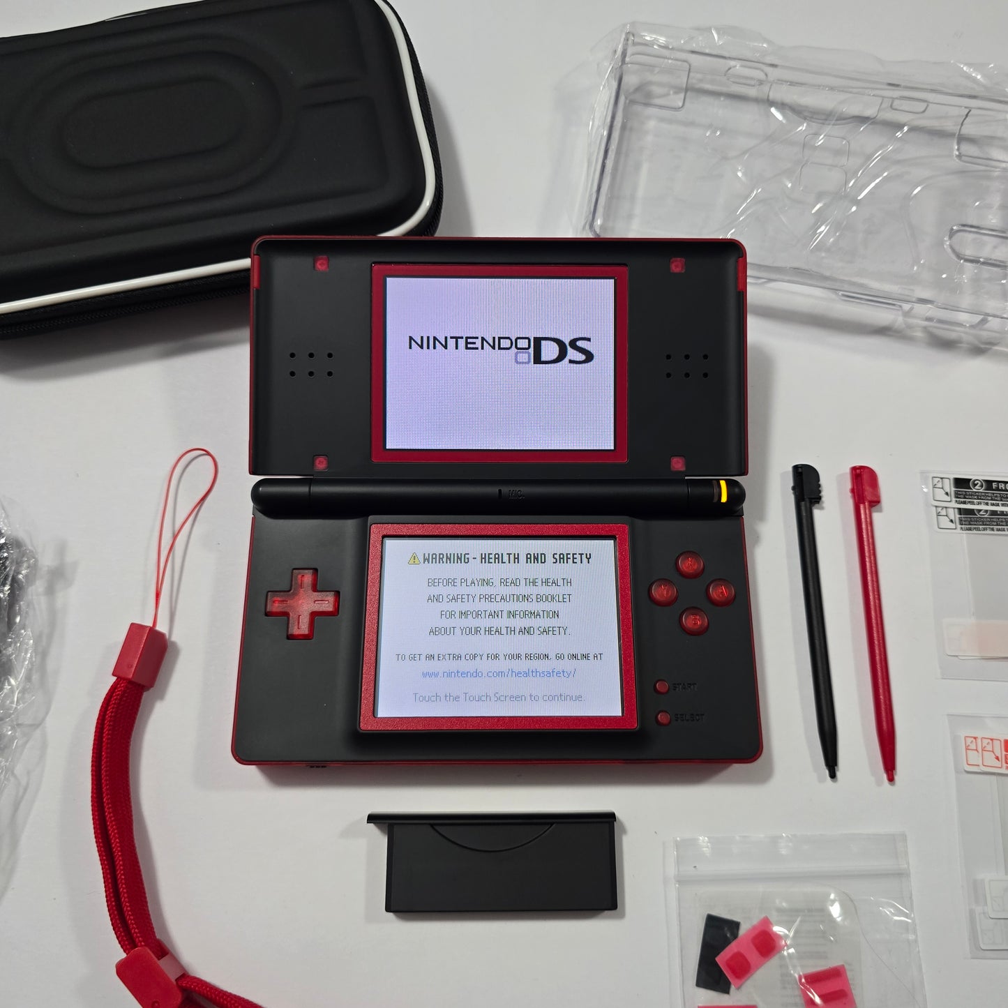 Nintendo DS Lite CUSTOM - Transparent Red/Black w/ Modded LED, Bundle