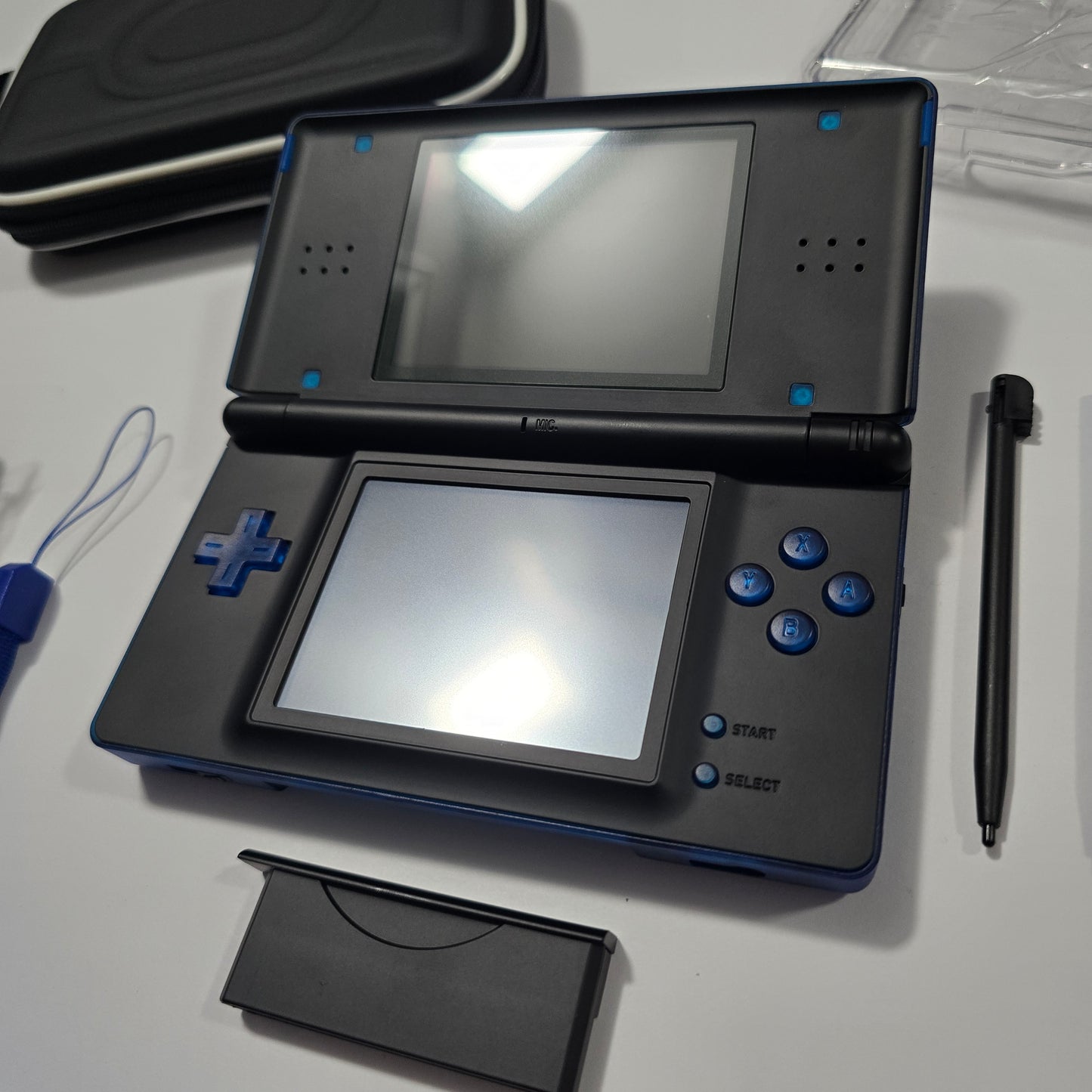 Nintendo DS Lite CUSTOM - Transparent Blue/Black w/ Modded LED, Bundle