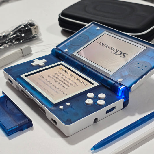Nintendo DS Lite CUSTOM - White/Transparent Blue w/ Modded LED, Bundle