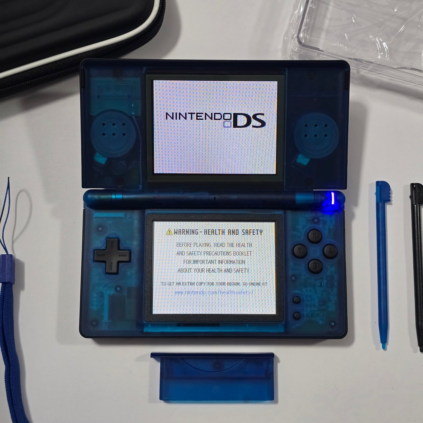 Nintendo DS Lite CUSTOM - Black/Transparent Blue w/ Modded LED, Bundle